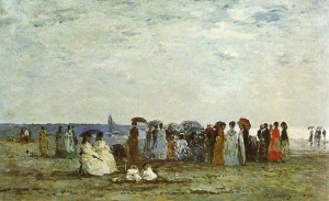 Эжен Буден "Купальщики на пляже в Трувиле". 1869 г.